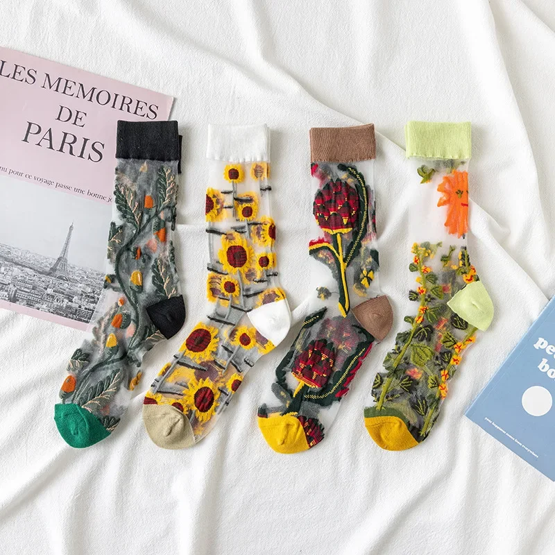 Women Ladies Summer Thin Breathable Flowers Birds Art Cat Animal Print Harajuku Long Cotton Transparent Crystal Glass Silk Socks