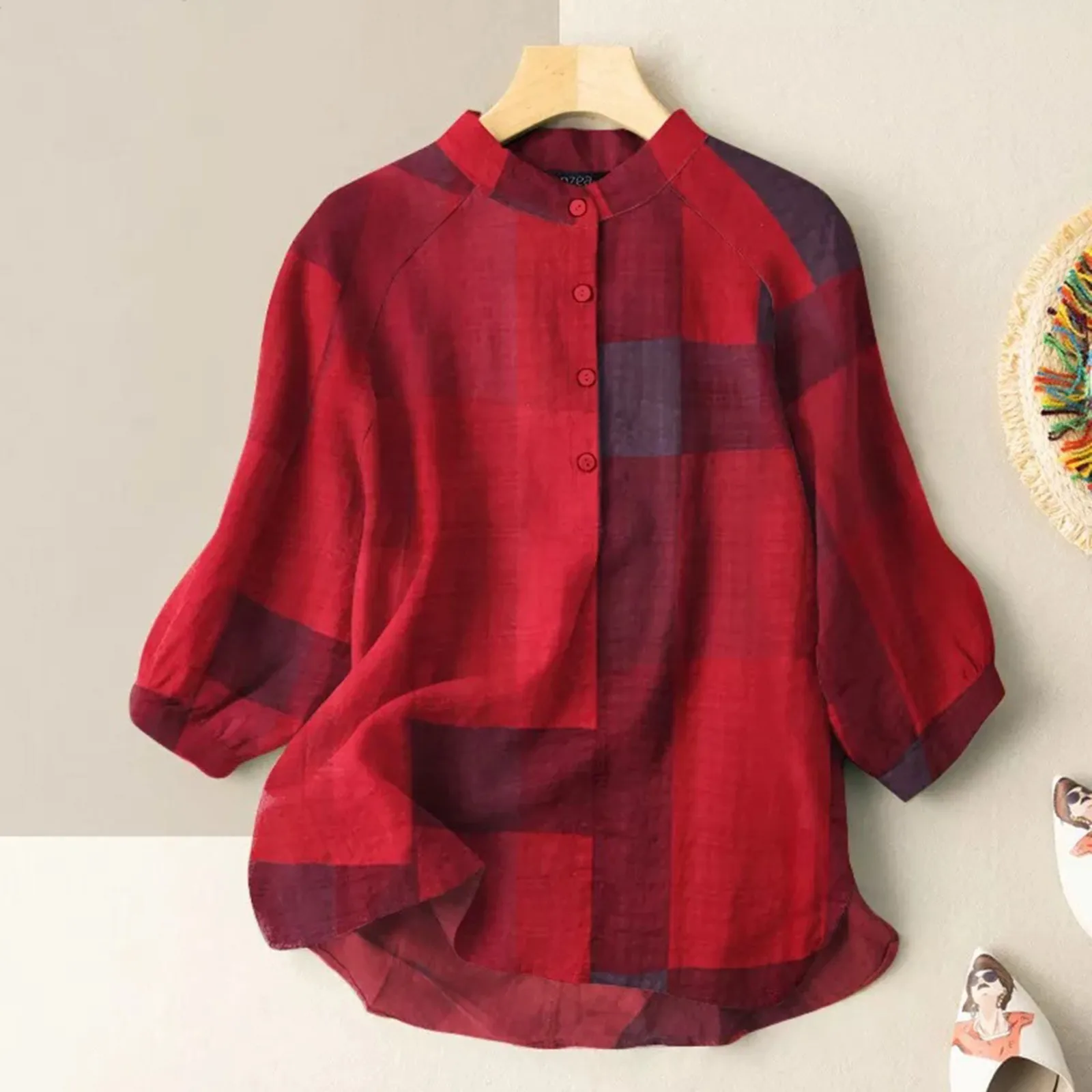 

Женская дышащая хлопковая рубашка, удобная рубашка с круглым вырезом и принтом на пуговицах, весна-лето 2024