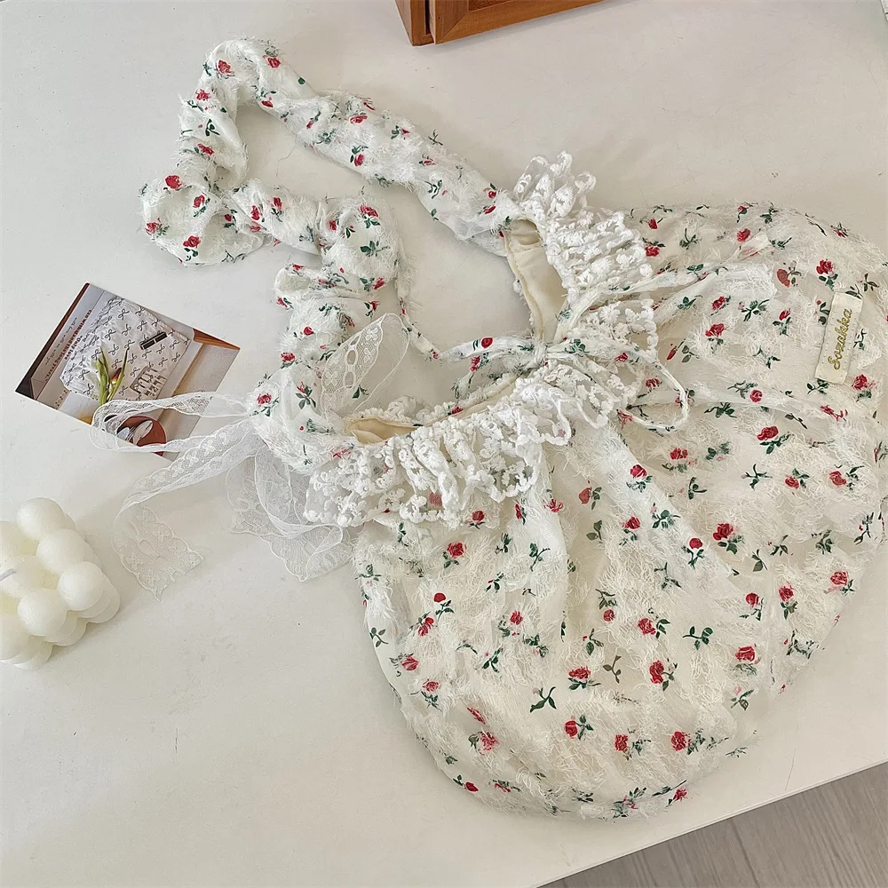 Elegant Sweet Fresh Lace Handbag Bowknot Underarm Bag Floral Pleated Shoulder Bag Pastoral Style Cloth Dumpling Bag Shopping
