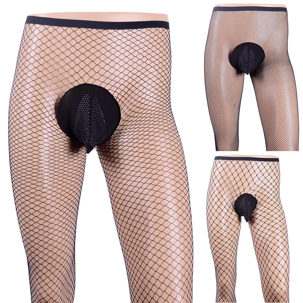 Men Sexy Fishnet Pantyhose Sheer Bugle Pouch Underwear Sissy Transparent Lingerie Body Stockings Tights Erotic Underwear