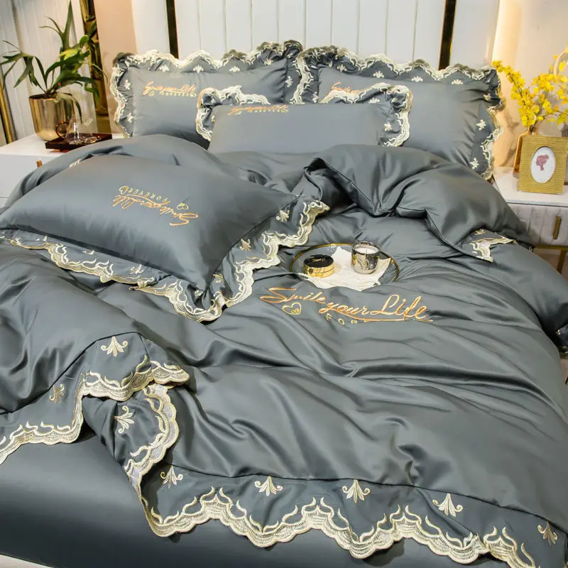 

European-style Ice Silk Bedding Set of Four Double-sided Silk Quilt Sheets In Summer Three-piece Bedspread Set Luxury Bedding
