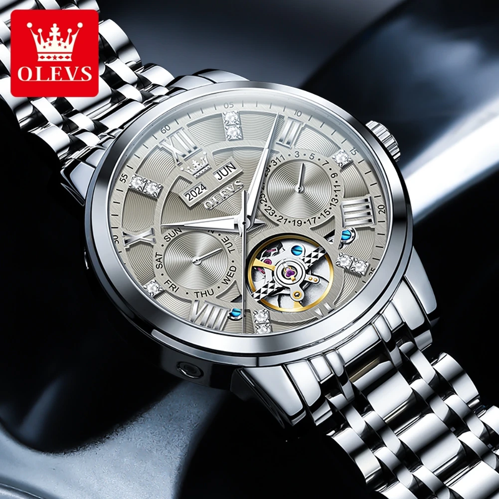 OLEVS 6701 Men's Watch Luxury Waterproof Auto Date Mechanical Watch For Men Hollow Skeleton Diamond Wristwatch Luminous Clock