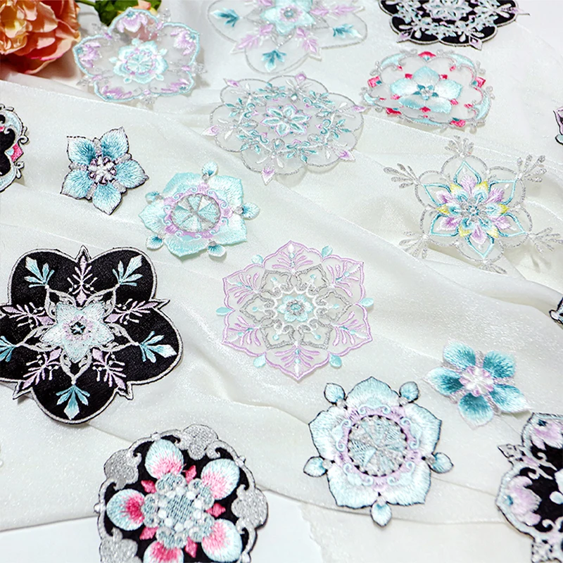 1pc Chinese Style Colorful Snowflake Embroidery Patches Organza Lace DIY Handmade Fabric Art Decorative Patch Accessories