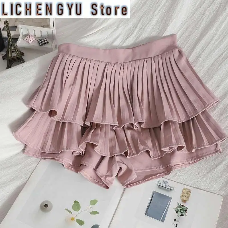 New Summer Shorts Skirts Women Sweat Fashion All-match Shorts High Waist Slim Ruched Cake Mini Skirts Wide Leg Shorts Lady