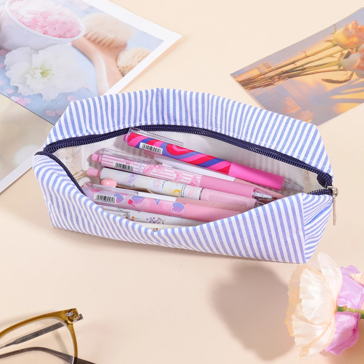 시어서커 대용량 필통, 학생용 스트라이프 패턴 학교 사무실 문구류 보관, 휴대용 캠퍼스 핸드백