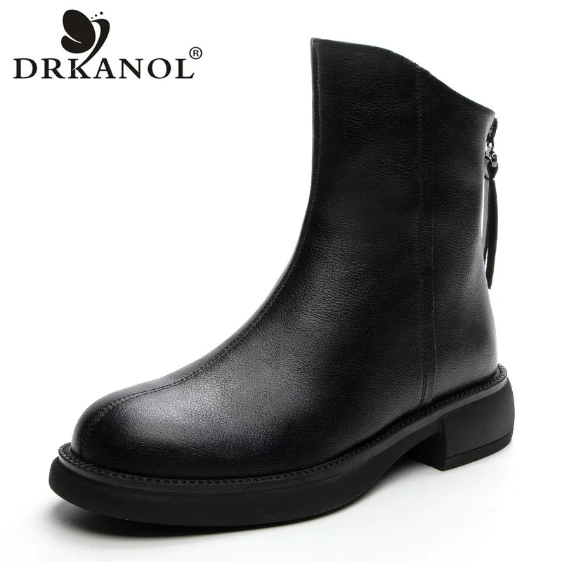 

DRKANOL British Style Chelsea Boots For Women Round Toe Real Cowhide Back Zipper Thick Heel Plush Warm Casual Short Ankle Boots