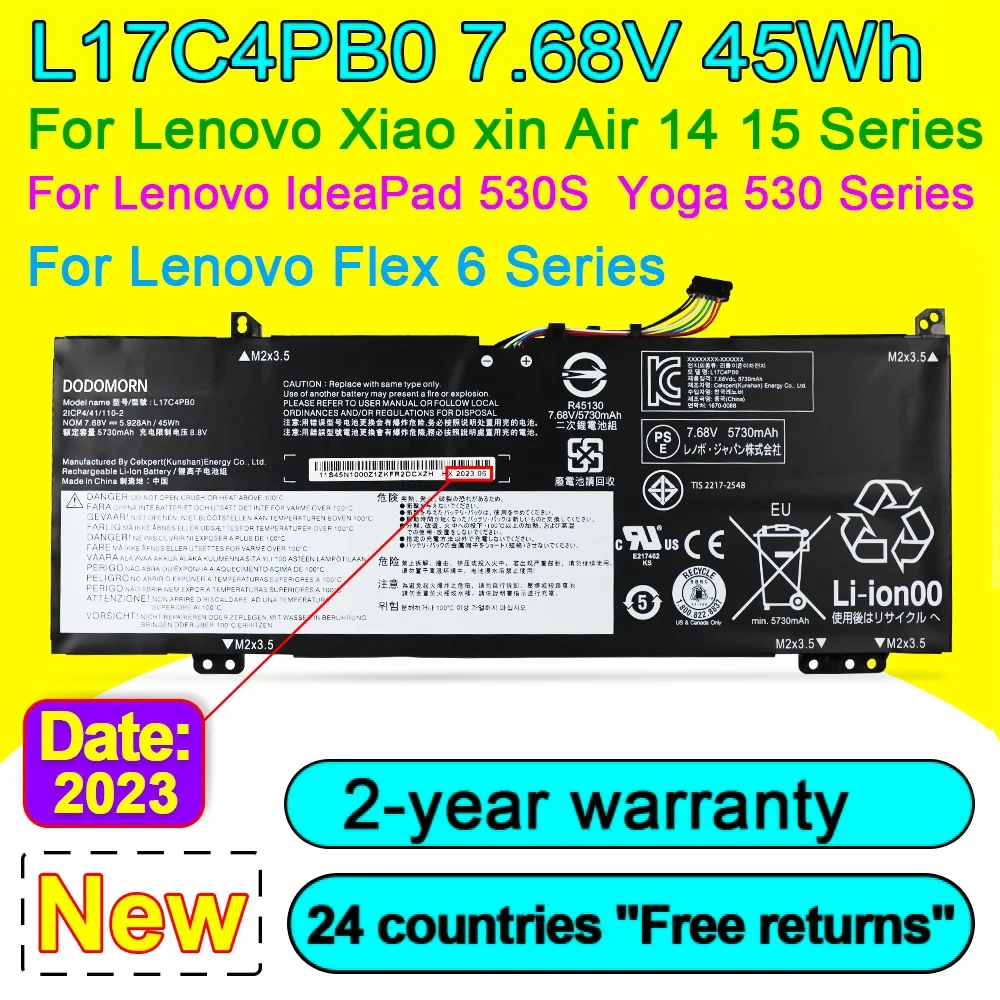 Аккумулятор 45Wh L17C4PB0 для ноутбука Lenovo Xiaoxin Air 15ARR 14ARR 14IKBR 15IKBR Ideapad 530s-14IKB 530s-15IKB Series 7,68 V 5.928Ah