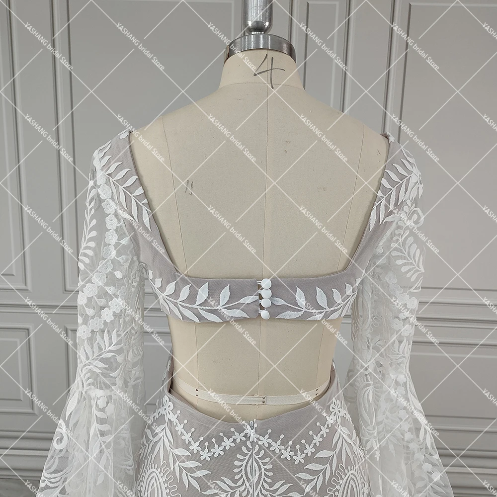 Boho Long Batwing Sleeves Lace Wedding Dress Drop Ship Customized Mermaid Rustic Beach 2026 Square Neck Open Back Bridal Gowns