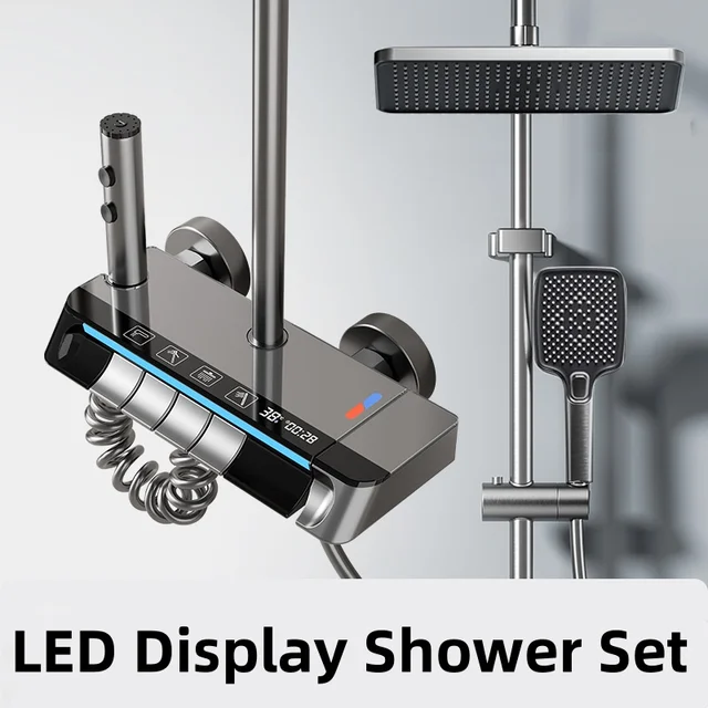 ร้อนเย็นชุดฝักบัวอุณหภูมิดิจิตอลจอแสดงผลก๊อกน้ําระบบชุด Ambient Light หัวฝักบัวก๊อกน้ําห้องน้ํา 1