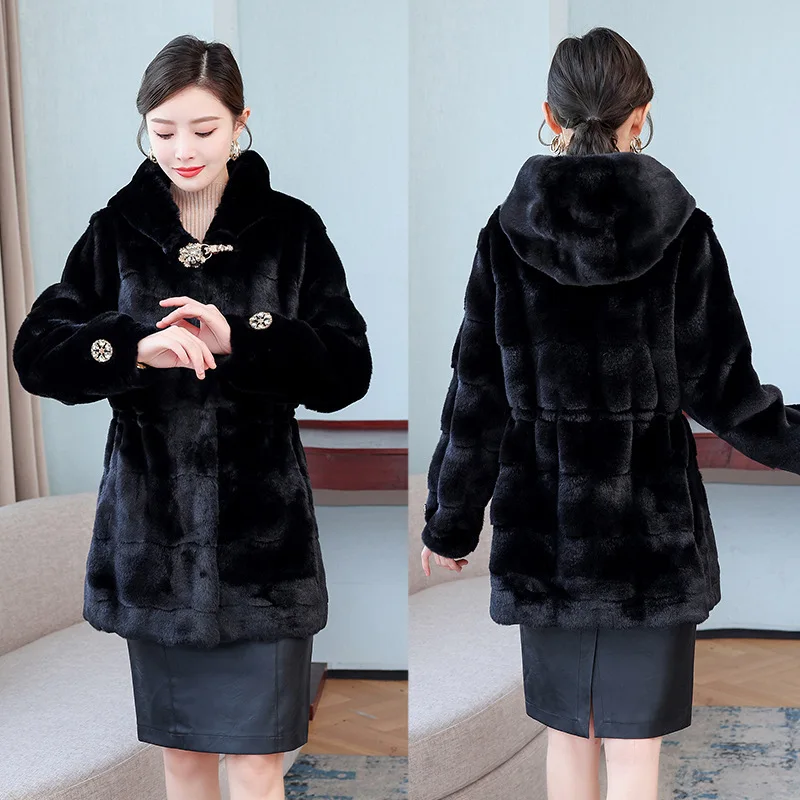 Mink Fleece Jacket Women Imitation Fur Medium Long Hooded Rhinestone Waist Fashion Coat