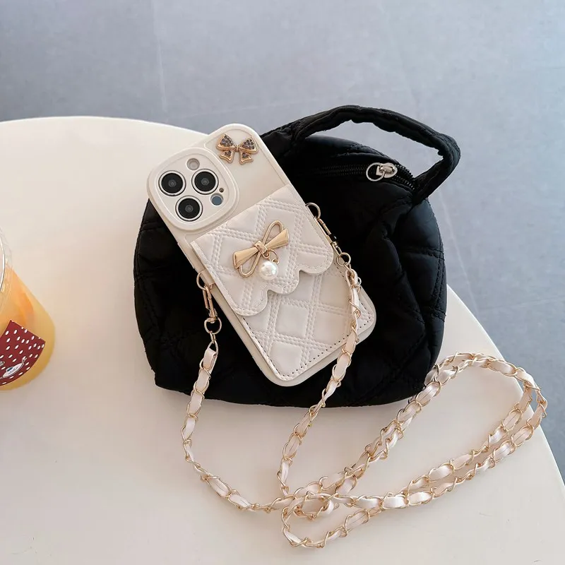 Pearl Bow Chain Wallet Phone Case with Elegant Design