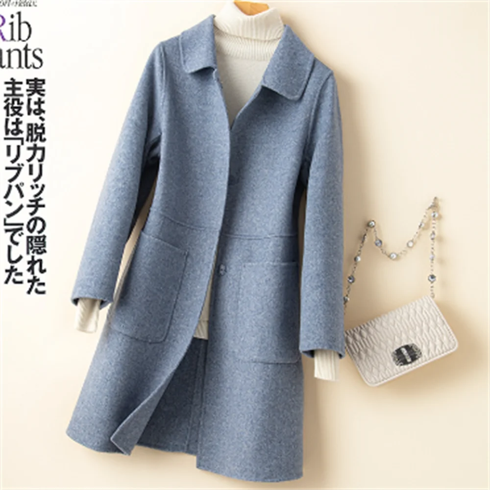 

Двустороннее шерстяное пальто, женское длинное пальто с кукольным воротником, саржевое пальто