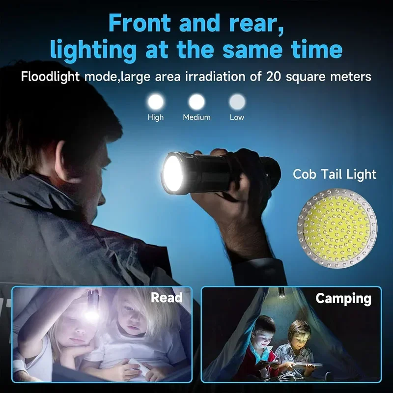 60W Laser Flashlight Rechargeable Super Bright Flashlight with COB Work Light Powerful Handheld LED Tactical Flashlight