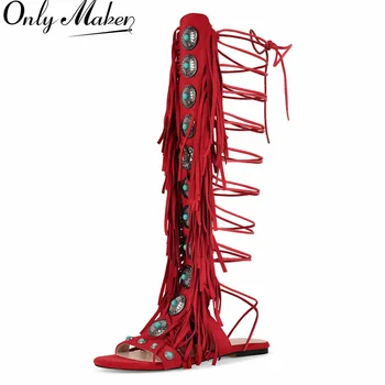 Onlymaker Women Tassels Jewel Flat Sandals Open Toe Lace UP Big Size Fashion Luxury Fringe Sandals 1