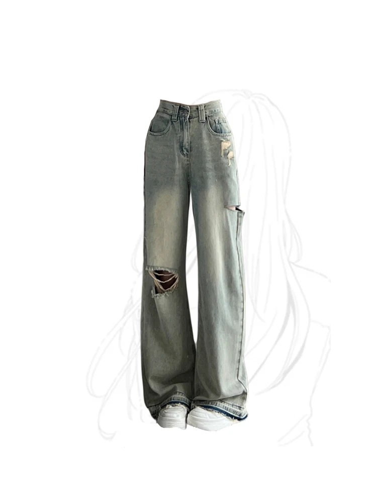 

2023 Women Ripped Blue Jeans Vintage Wide Leg Baggy Jean Pants Y2k Streetwear Harajuku High Waist Cowboy Denim Trousers Clothes