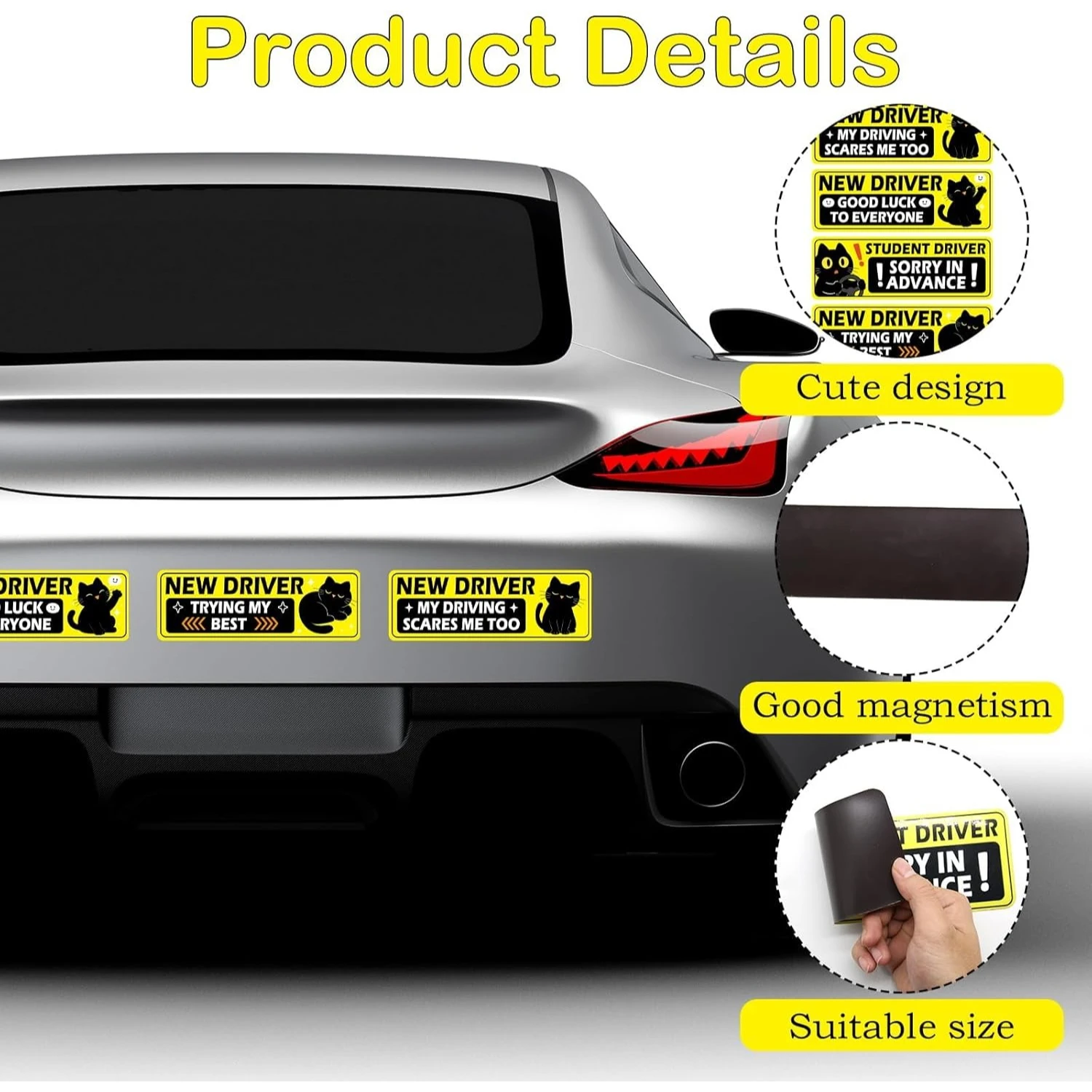 4 Adesivi Magnetici per Auto con Gatti Cartoon | Divertente Cartello per Nuovo Conducente, Decorazione Impermeabile e Riutilizzabile per Auto e Camion - immagine 3