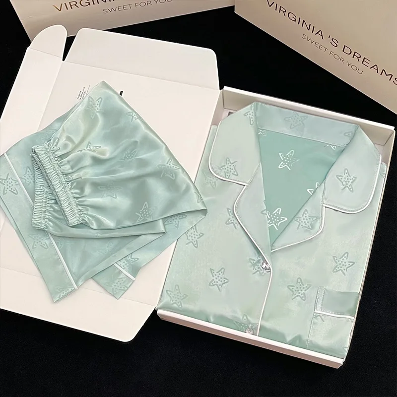 Ling Button Down Loungewear Pajamas Freshness Ice Silk Satin Sleepwear Women 2PCS Fashion Women's Home Wear Short Sleeved Set