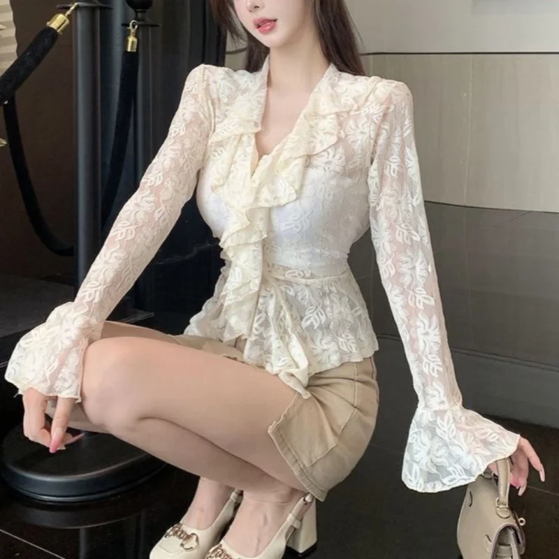 y2k Lace Blouse Women Coquette Clothes Sheer See Through Ruffle Flared Long Sleeve Shirt Top 2000s Clothing Streetwear