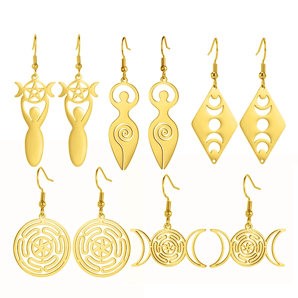 Dawapara Dreifachmond-Ohrringe, Pentagramm, Lilith-Symbol, Mondphase, Hekate, Rad, Spirale, Fruchtbarkeit, Göttin, Anhänger aus Edelstahl