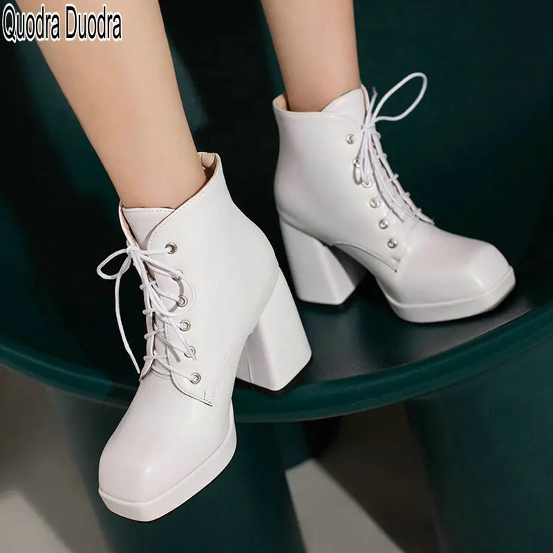 

Ankle Boots New Female Women Shoes Thick High Heels Fashion Winter Solid Warm Plush Square Toe PU Lace-up Chunky Platform