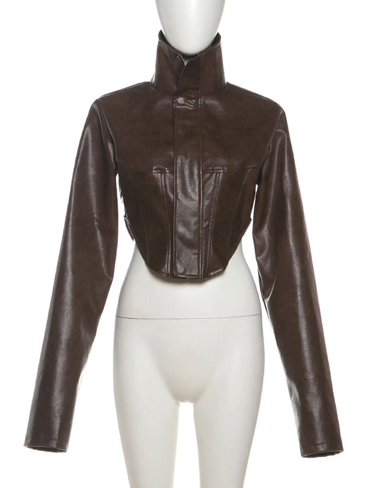 Nibber Hottie Crop Jacket Women Turtleneck Pu Irregular Zip Button Full Sleeve Wild Sexy Street Midnight Autumn Hipster Coat