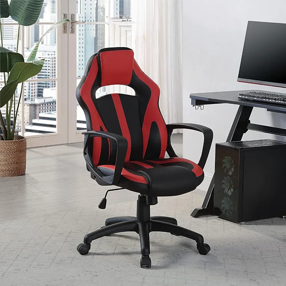 

Home Furnishings Influx Adjustable Faux Leather Gaming Chair with Lumbar Support and Full 360 Rotation, Red Accents