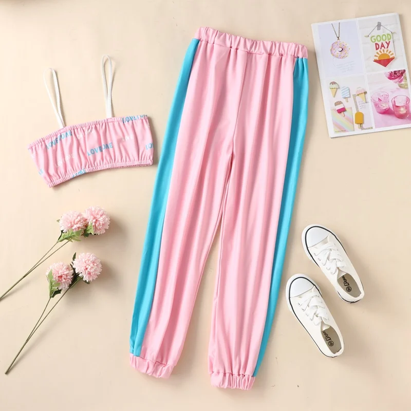 

Fashion Kids Clothing for Girls Cotton Comfortable 2 Pcs Sets Letter Strap Tops+long Pants Sport Girls Outfits Kids Clothes 5-9Y