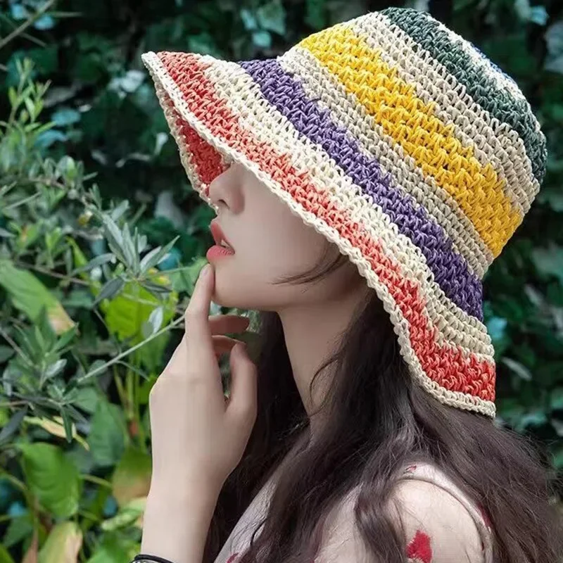 Summer Travel Shade Rainbow Color Hat Floppy Straw Hat Women Ladies Wide  Brim Beach Foldable Straw Sun Hat Sun Cap