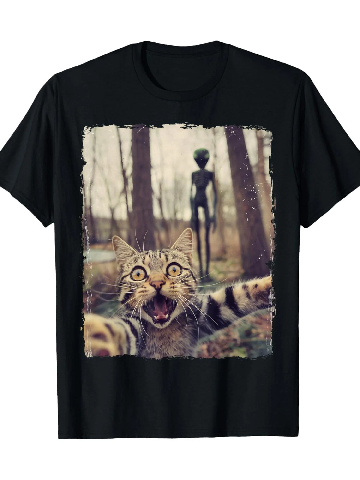 Lustiges Katzen-Alien-UFO-Grafik-T-Shirt für Herren, Sommerliches Casual-Kurzarmshirt, Niedlicher Modedruck-Oberteil für Damen im Urlaubsstil