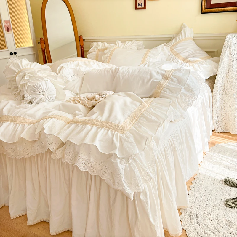 French Double Layer Ruffles Embroidery Vintage Bedding Set, Cream
