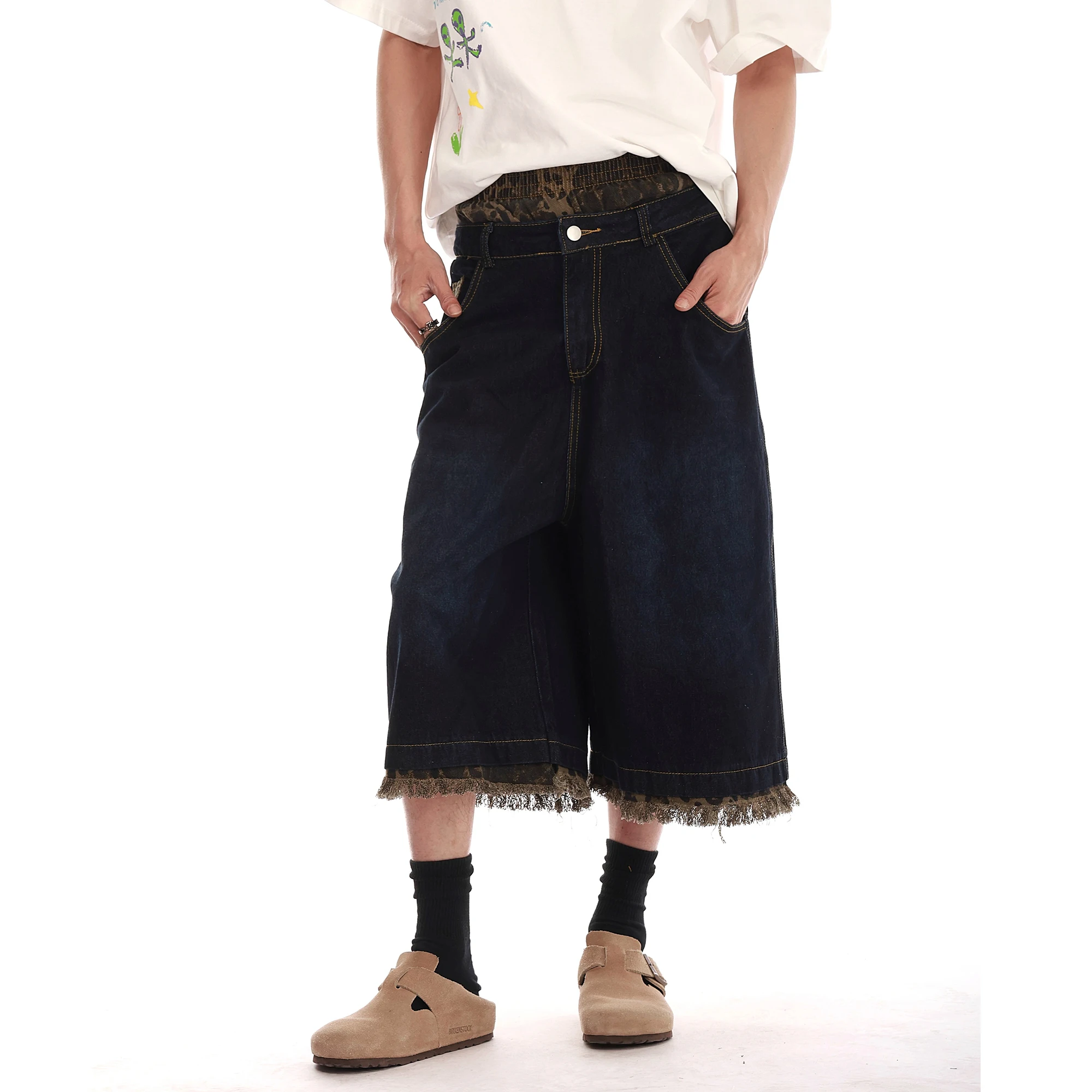 Camouflage Patchwork Capri Pants Oversized Washed Wide Leg Denim Shorts Streetwear Fashion Leopard Raw Edges Baggy Jeans Y2k