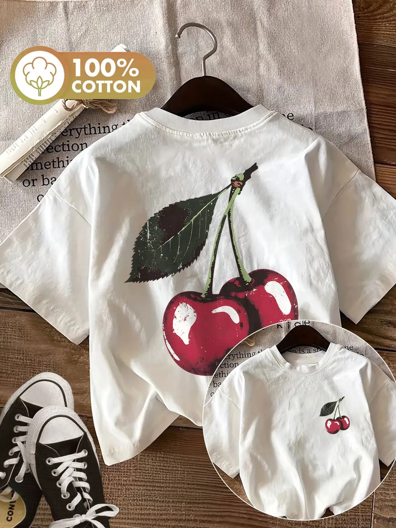 Vintage-Inspired Retro Cherry Graphic Tee - 100% Cotton Women's T-Shirt with Crew Neck & Short Sleeves
