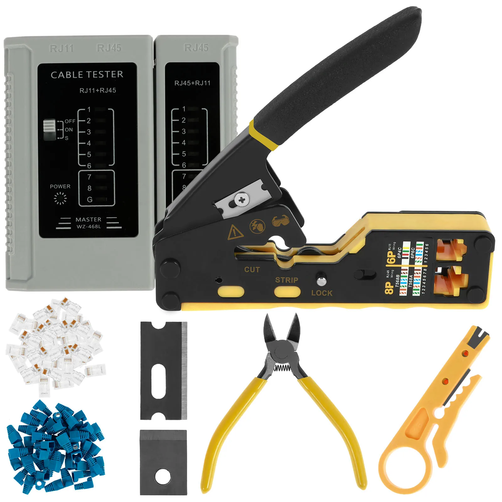 

Crimp Tool Kit Adjustable Wire Crimper Tool with Wire Cutter Plier Stripper Blades and Connectors Cable Plier and Stripper Set
