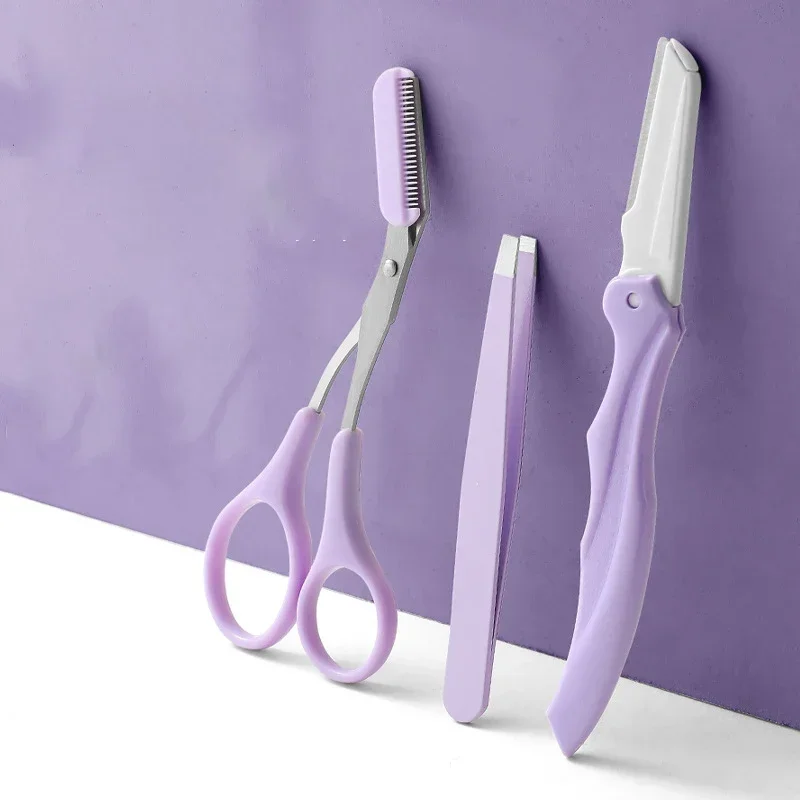 Private Label 3Pcs/Set Makeup Tools Portable Eyebrow Trimming Set Eyebrow Razor Eyebrow Scissors with Comb 3