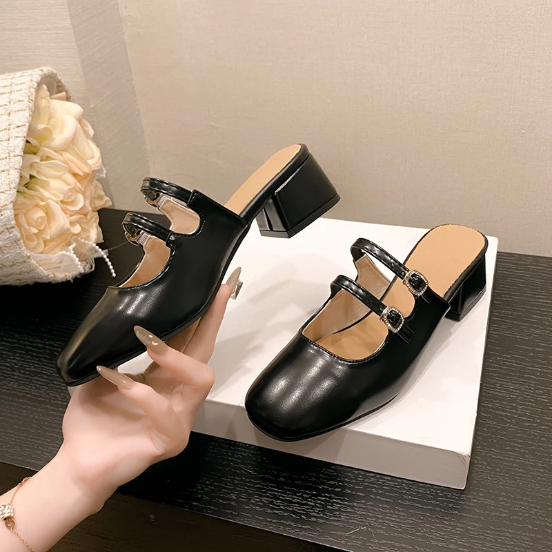 Women Mid Heels Slippers Casual Chunky Mules Shoes Luxury Dress Sandals New 2024 Summer Slingback Flip Flops Pumps Mujer Slides