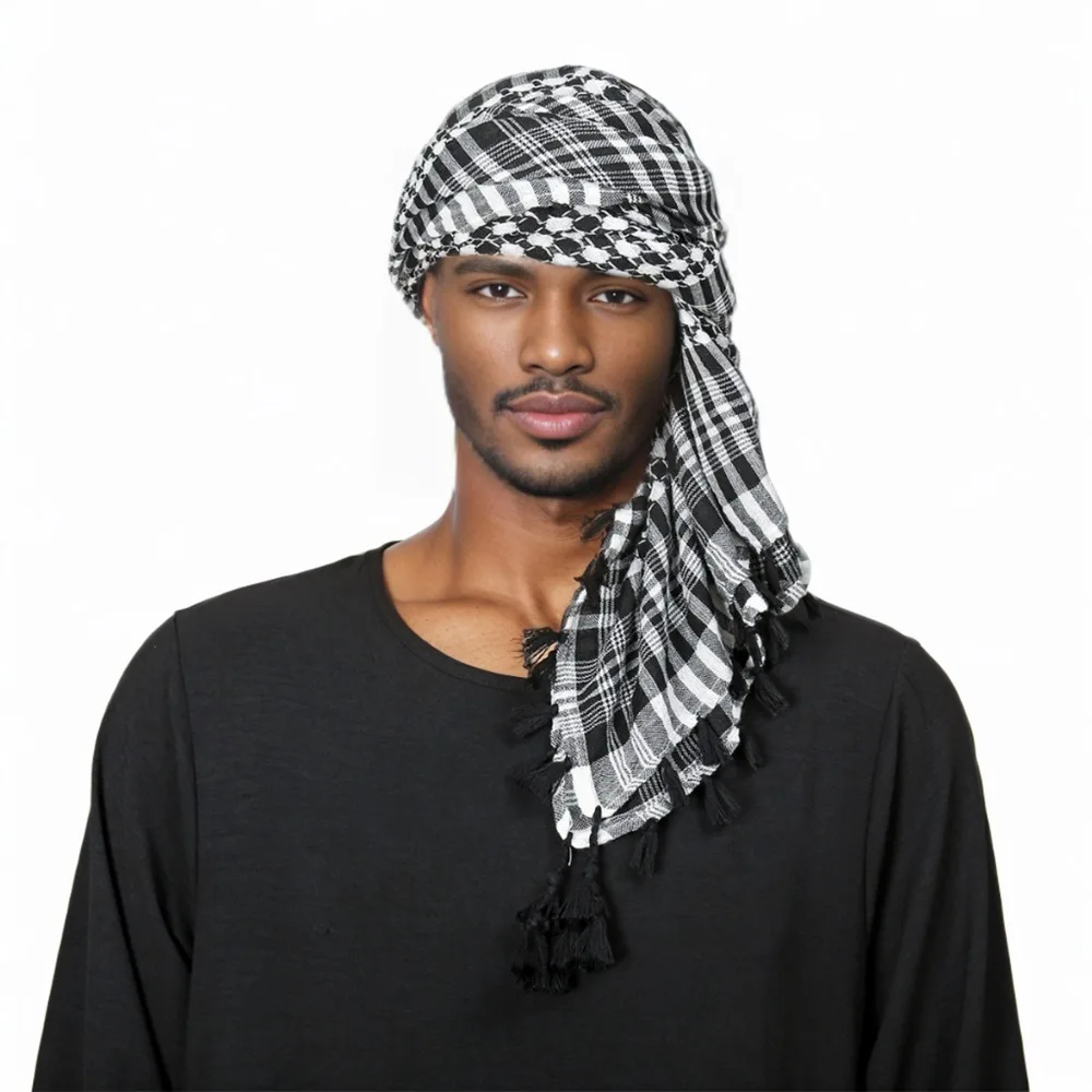 

Saudi Arabic Men Praying Hat Head Scarf Islamic Accessories Headband Muslim Traditional Costumes Clothing Plaid Tassel Turban