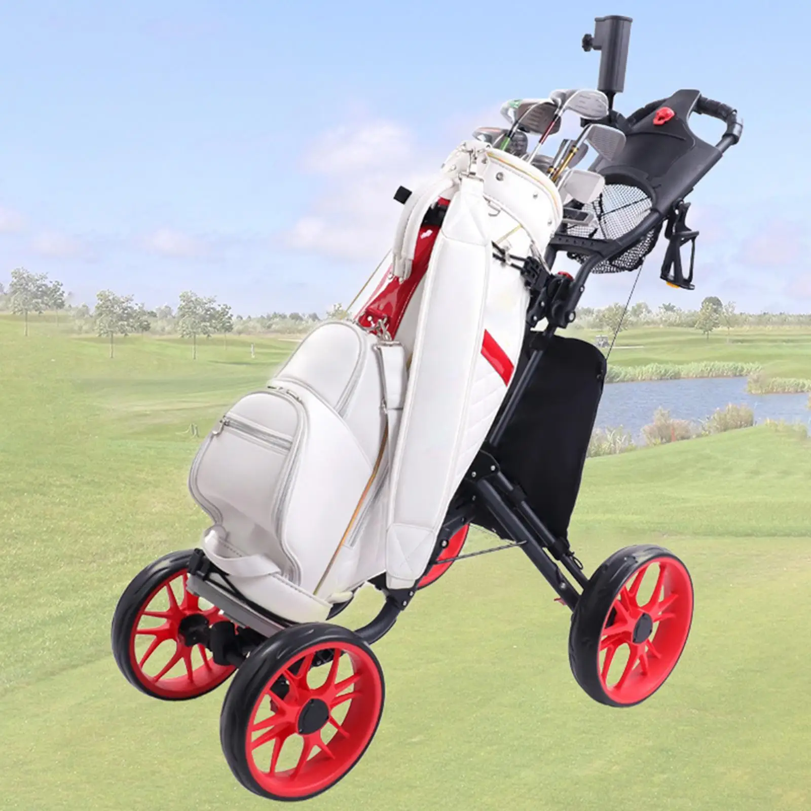 풋 브레이크가 있는 휴대용 골프백 카트, 골프 캐디 액세서리용 소형 경량 골프백 캐리어