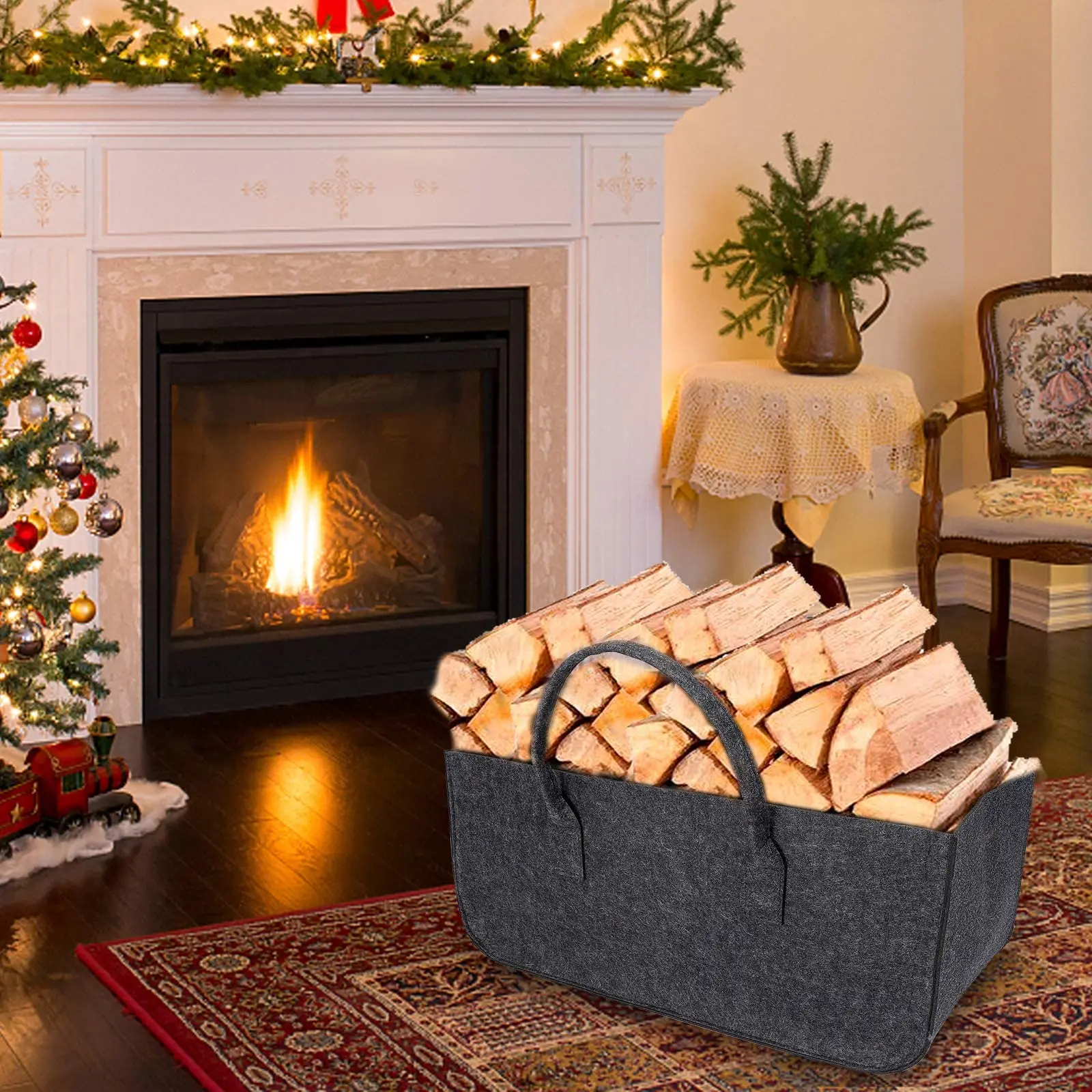 Foldable Large Firewood Basket Felt Bag Shopper for Wood Newspapers Firewood Felt Bag Set of 2 3