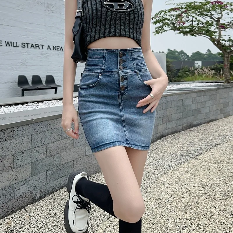 

GUUZYUVIZ High Waist Botton Denim Short Bodycon Skirts Women Y2k Summer Casual Femme Solid Washed Pocket Jean Skirt