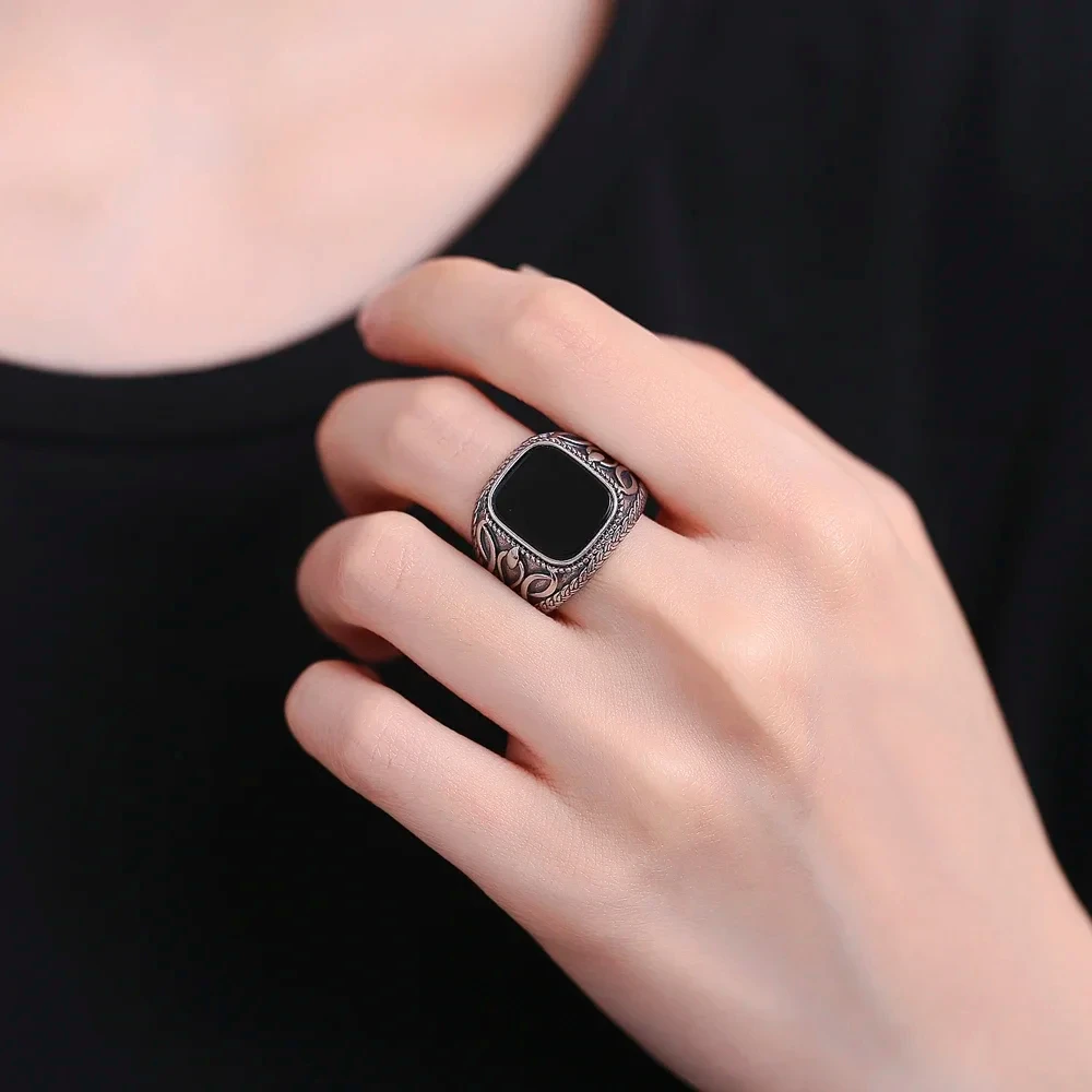 925 Sterling Silver Ring Natural Black Agate Vintage Ring For Man Women Party Gifts Silver Rings Silver Ring