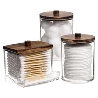 3pcs Swabs Holder Bathroom Container, Storage Box Cotton Ball/Swabs Dispenser, Apothecary Jar Organizer for Storage Wood Lids 1