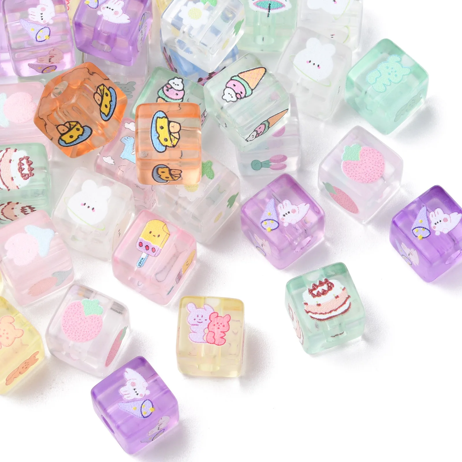 PandaHall 50Pcs Random Color Printed Square Shape Acrylic European Beads Cute Acrylic Beads with Large Hole for Jewelry Making