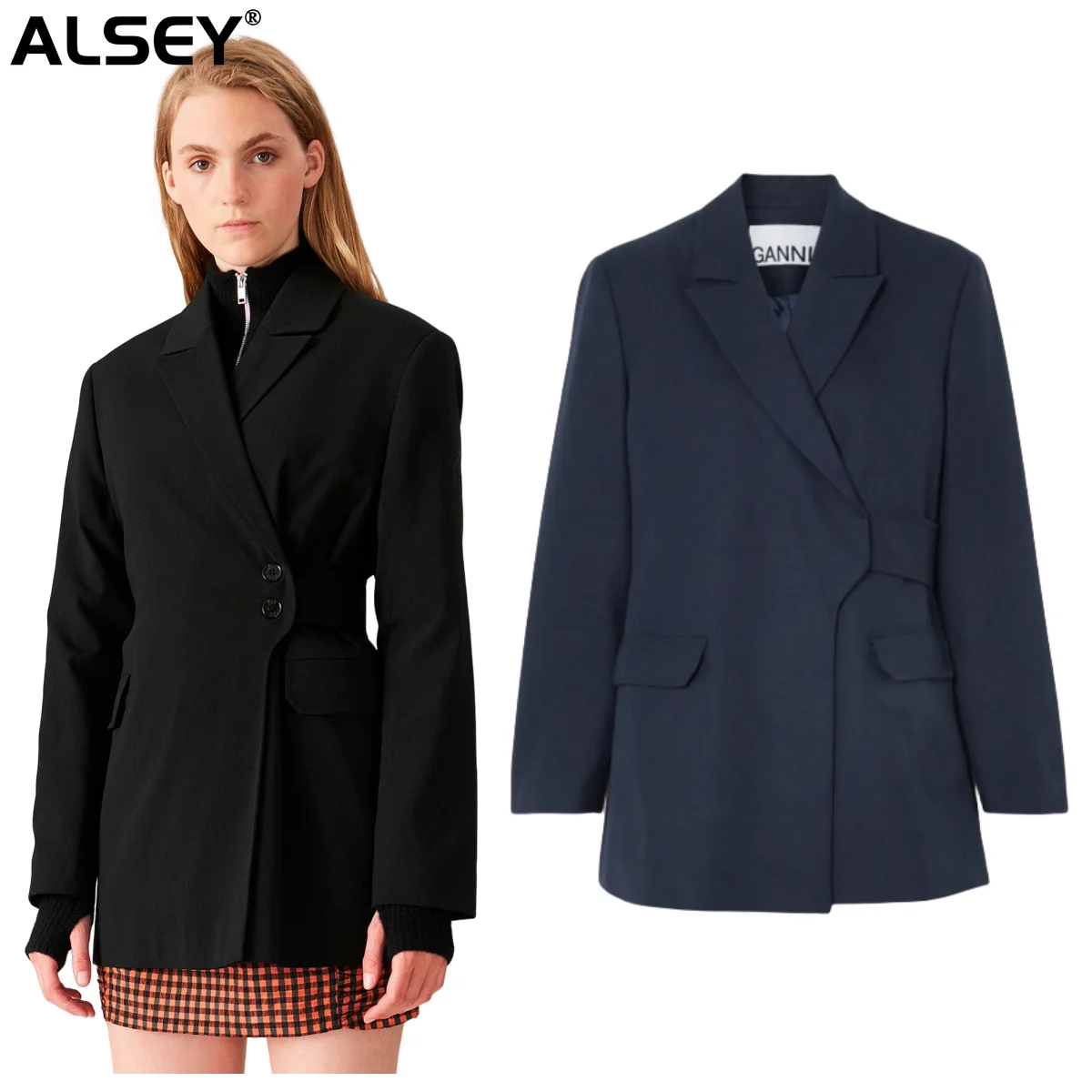 

ALSEY Women's Suit Wool Blend Fabric 2023 Fall Winter New Loose Large Size Waist Belt Fashion High Street Design Jacket A09420