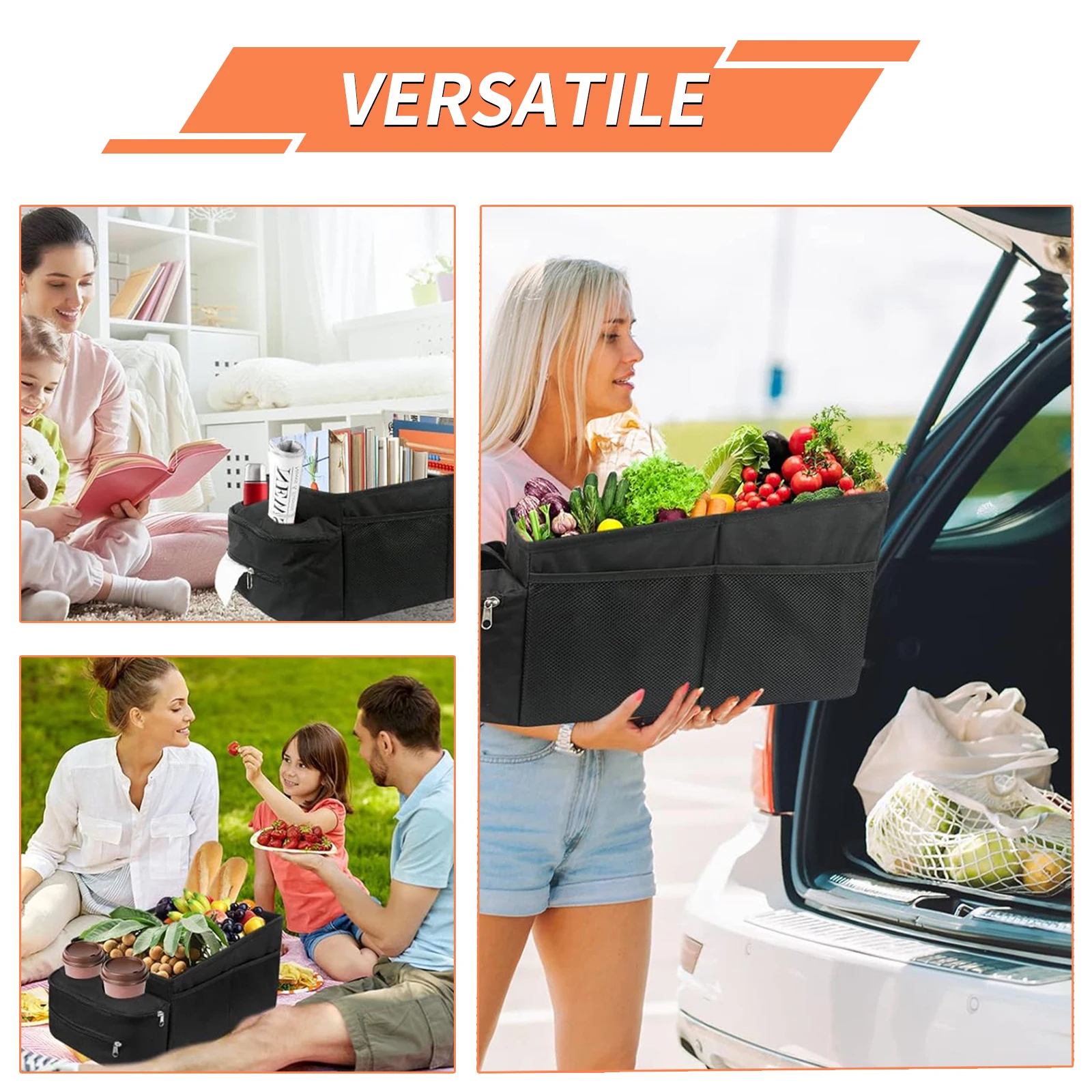 Organisateur De Coffre Voiture Étanche Pliable – Boîte Rangement Daim Noir Avec Compartiments, Pour Berline/SUV