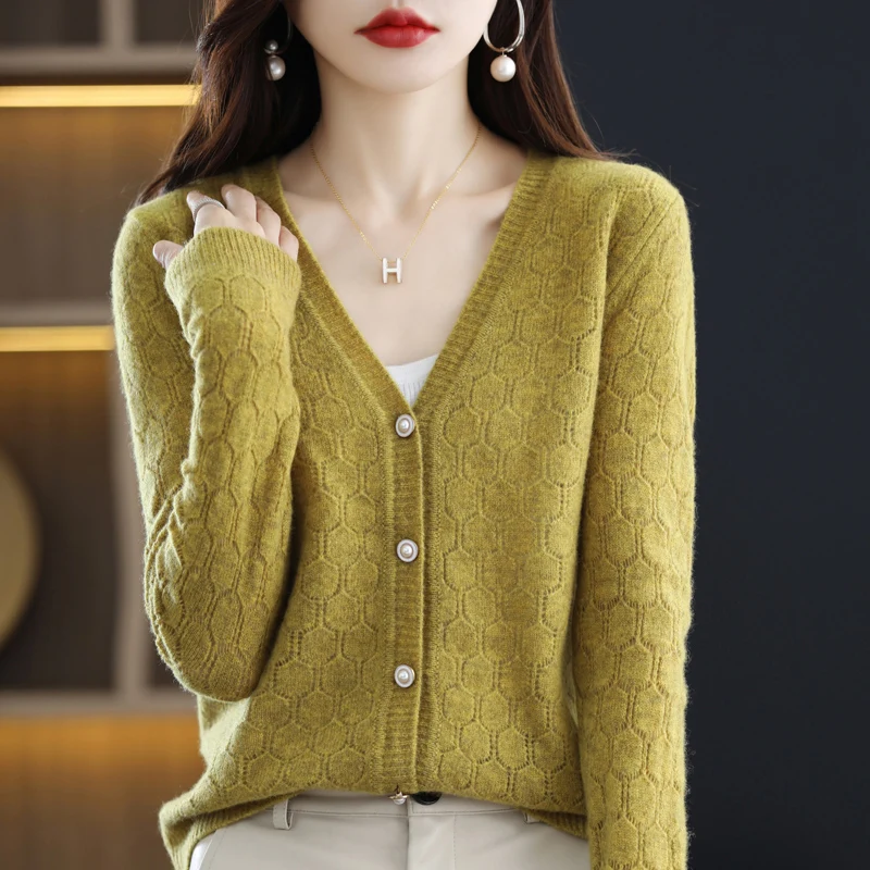 

V-Neck 100 Pure Wool Knitted Cardigan Women's Thin Loose Hollow Out Short Sweater Coat Long Sleeve Top Cashmere Autumn Winter