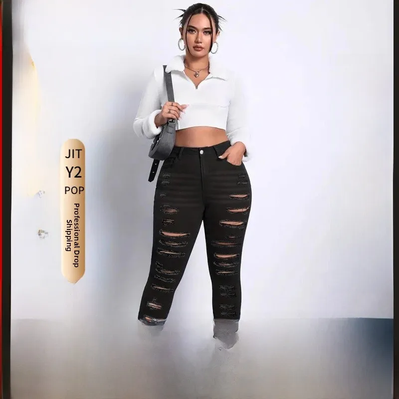 ارتفاع الخصر مثير الجينز الضيق المرأة حجم كبير الدنيم السراويل مرونة عالية زر التفاصيل ثقب اللكم سليم صالح الجينز