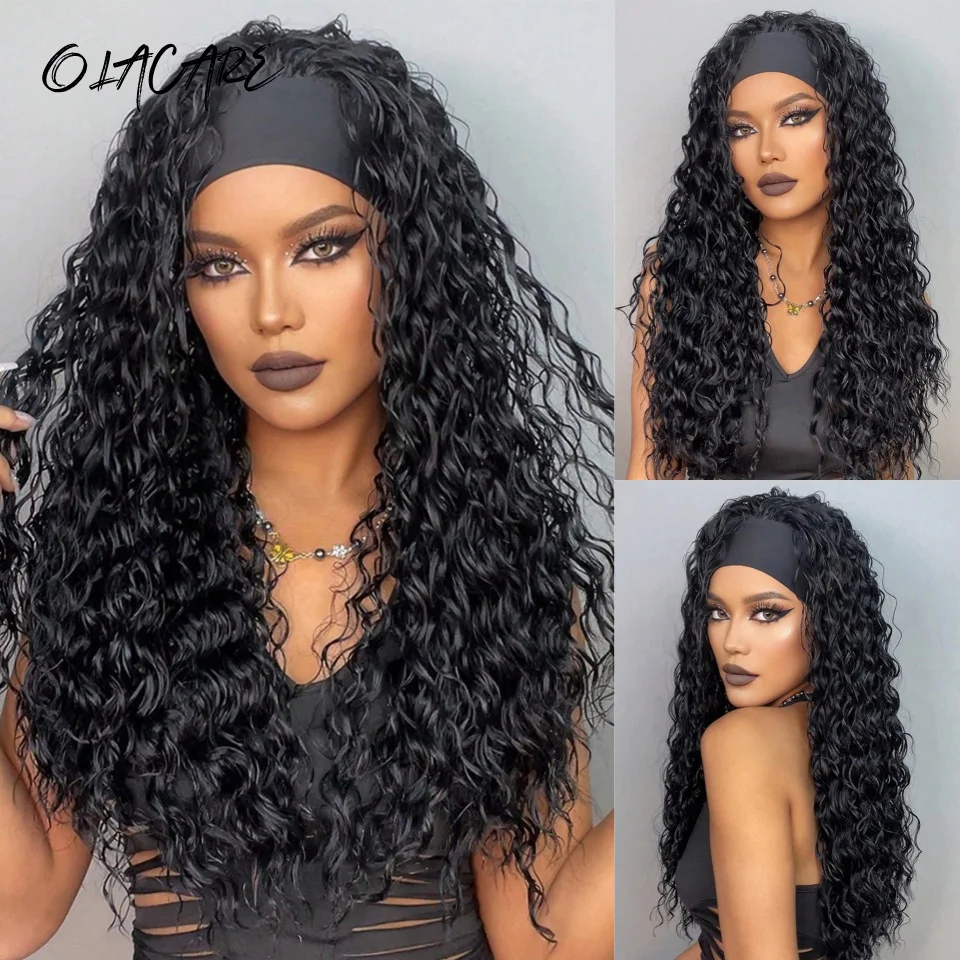 Black Synthetic Curly Headband Wig for Women Deep Water Wave