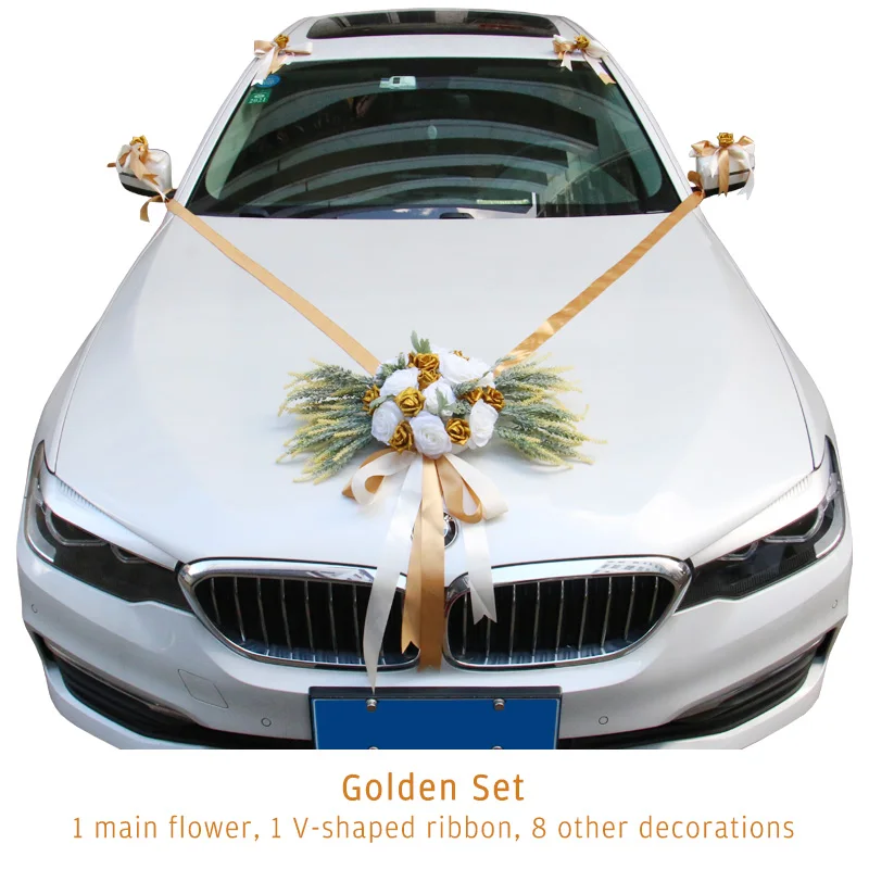 Décoration De Voiture Ariage, Kit De Décoration Voiture Ariage, 9 Roses Artificielles Avec