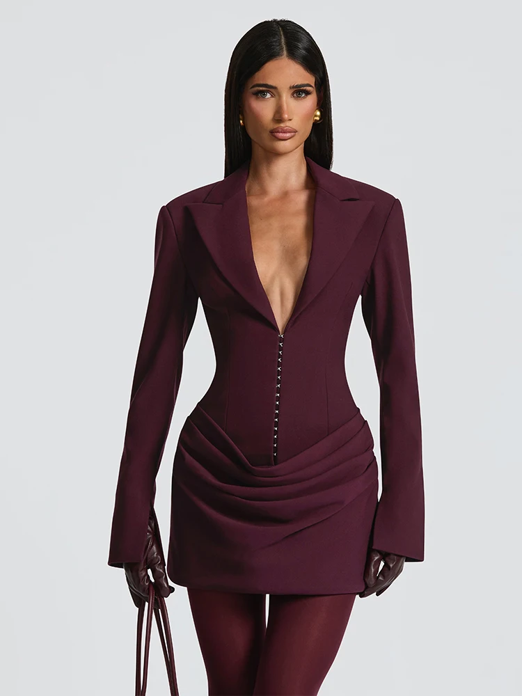 Nibber Sexy Single-Breasted Hidden Buttons Dress Women v-Neck Full Sleeve Elegant Office Folds Fashion Commute Mini Bodycon