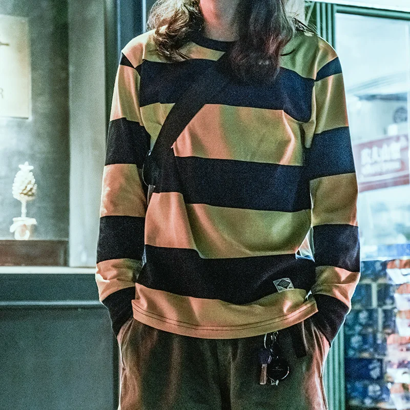 New Spring Men's Long Sve T-irt Heavyweight Yellow Blue Stripes Nautical Vintage Sle Cotton Casual round Ne Top